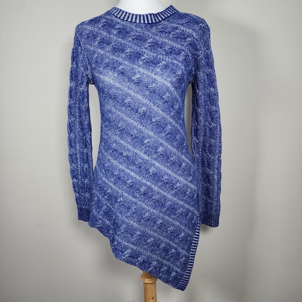 Cable Knit Long Sweater Womens Small Asymmetric Knit Marled Blue Long Sleeve